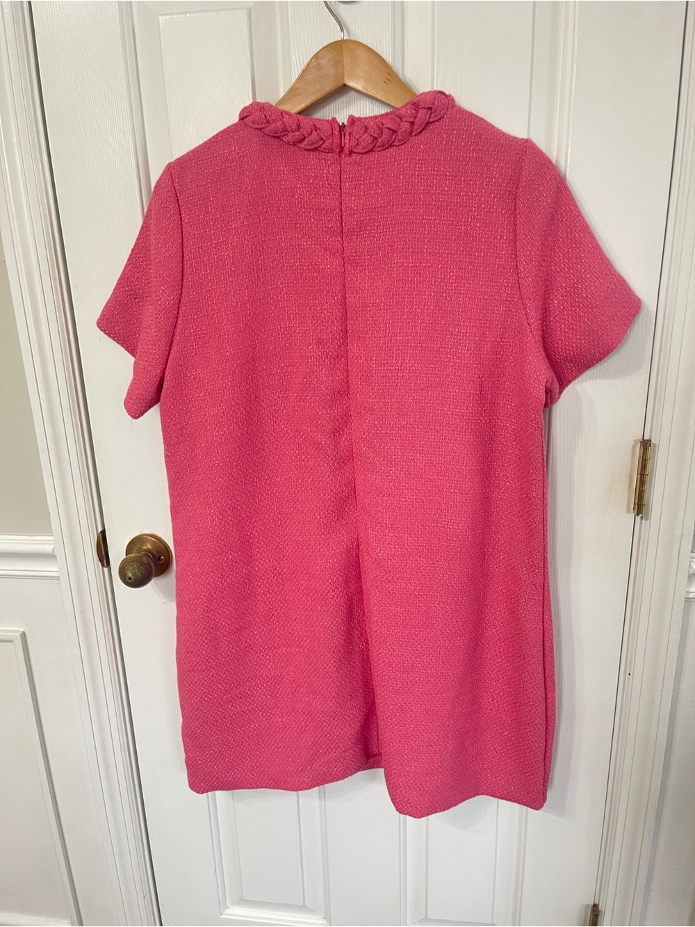 Pink Tweed Jackie Dress Large Braided Trim Mini Shift Gold Button - Picture 5 of 9